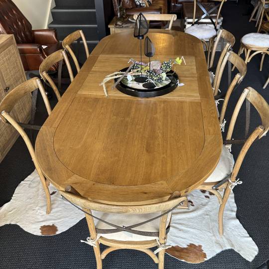 Oak Oval Extension Dining Table with Crossed legs + 8 Cross Back Oak Dining Chairs + 8 Linen Seat Covers Set